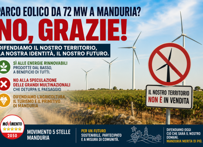 parco eolico Manduria, eolico Manduria, M5S Manduria, Movimento 5 Stelle, Yellow Energy, energie rinnovabili, 72 MW, Sparpagliata, Donne Masi, Tostini, Primitivo di Manduria, agricoltura Manduria, territorio Manduria, politica Manduria, Regione Puglia, La Gazzetta di Manduria, Notizie di Manduria e limitrofi